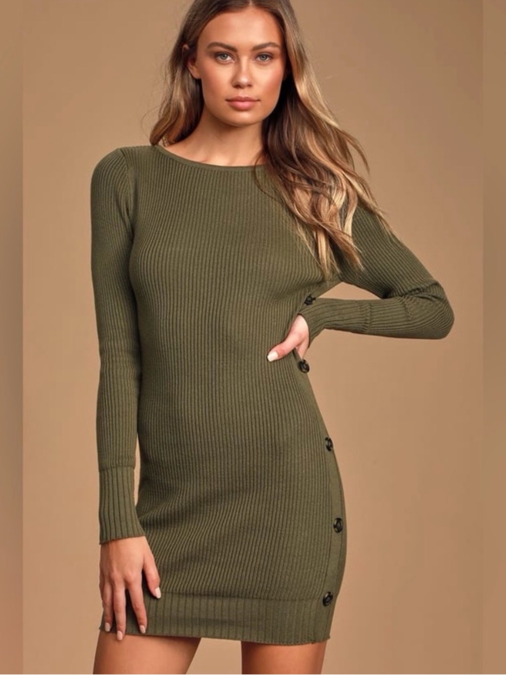 Lulus Olive Green Sweater Ribbed Button-Side Long Sleeve Dress
